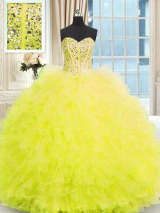Light Yellow Ball Gowns Strapless Sleeveless Tulle Floor Length Lace Up Beading and Ruffles Ball Gown Prom Dress