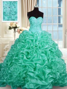 Fantastic Turquoise Sleeveless With Train Beading and Pick Ups Lace Up Sweet 16 Dress