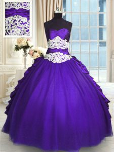 Sophisticated Sweetheart Sleeveless Quinceanera Gown Floor Length Beading and Lace and Appliques and Ruching and Pick Ups Purple Taffeta and Tulle