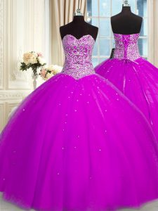Fantastic Fuchsia Lace Up Sweetheart Beading and Sequins Sweet 16 Dress Organza Sleeveless
