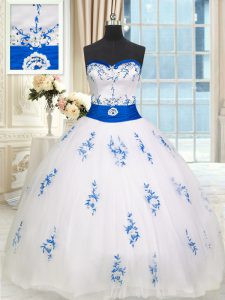 White Lace Up Sweetheart Appliques and Belt Ball Gown Prom Dress Tulle Sleeveless