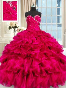 Chic Hot Pink Lace Up Sweetheart Beading and Ruffles Quince Ball Gowns Organza Sleeveless