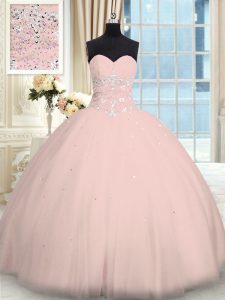 Best Beading Quinceanera Dress Pink Lace Up Sleeveless Floor Length