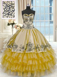 Fashionable Sweetheart Sleeveless Sweet 16 Dress Floor Length Beading and Embroidery and Ruffled Layers Gold Organza and Taffeta