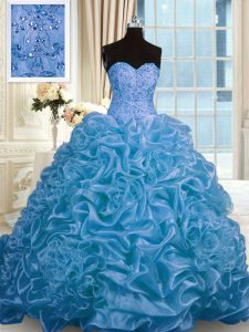 High End Blue Lace Up Sweet 16 Dress Beading and Pick Ups Sleeveless Sweep Train