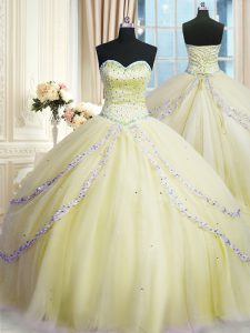 Adorable Light Yellow Lace Up Sweetheart Beading and Appliques 15 Quinceanera Dress Organza Sleeveless Court Train