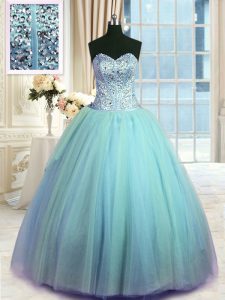 Sweet Light Blue Sleeveless Organza Lace Up Ball Gown Prom Dress for Military Ball and Sweet 16 and Quinceanera