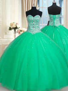 Spectacular Sleeveless Floor Length Beading and Sequins Lace Up Sweet 16 Quinceanera Dress with Green