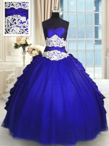 Sleeveless Taffeta and Tulle Floor Length Lace Up Quinceanera Gowns in Royal Blue with Beading and Lace and Appliques and Ruching and Pick Ups