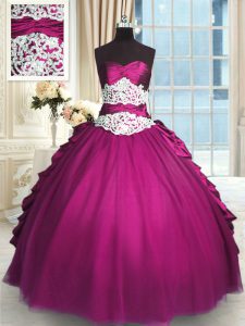 Classical Floor Length Lace Up Sweet 16 Dresses Fuchsia for Military Ball and Sweet 16 and Quinceanera with Beading and Lace and Ruching and Pick Ups