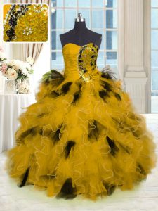 Perfect Tulle Strapless Sleeveless Lace Up Beading and Ruffles Party Dress in Gold