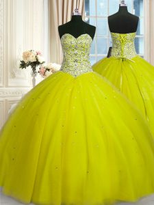 Beauteous Yellow Green Lace Up Quinceanera Gown Beading and Sequins Sleeveless Floor Length