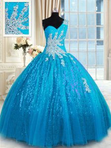 Baby Blue Vestidos de Quinceanera Military Ball and Sweet 16 and Quinceanera and For with Appliques One Shoulder Sleeveless Lace Up