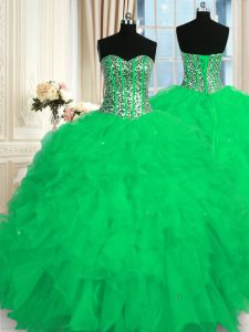 Suitable Turquoise Lace Up Sweetheart Beading and Ruffles Ball Gown Prom Dress Organza Sleeveless