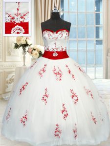 Appliques and Belt 15 Quinceanera Dress White Lace Up Sleeveless Floor Length