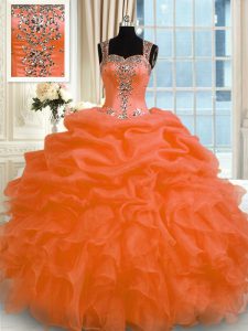 Perfect Orange Red Sleeveless Organza Zipper Sweet 16 Dress for Military Ball and Sweet 16 and Quinceanera