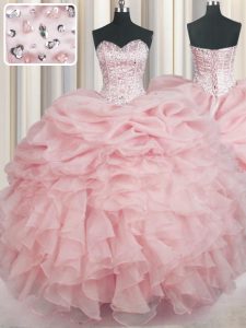 Chic Ball Gowns Sweet 16 Dress Baby Pink Sweetheart Organza Sleeveless Floor Length Lace Up