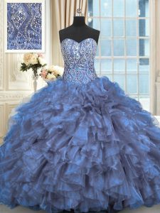 Fabulous Sweetheart Sleeveless Organza Quinceanera Gown Beading and Ruffles Brush Train Lace Up