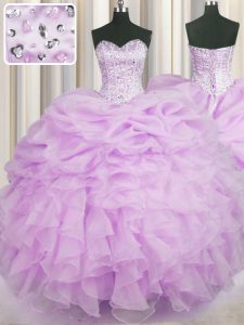 Affordable Lilac Organza Lace Up 15 Quinceanera Dress Sleeveless Floor Length Beading and Ruffles