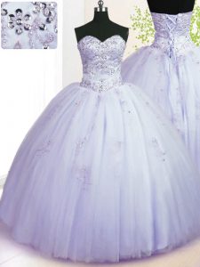 Sweetheart Sleeveless Quince Ball Gowns Floor Length Beading and Appliques Lavender Tulle