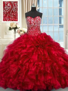 Modern Red Sweetheart Neckline Beading and Ruffles 15 Quinceanera Dress Sleeveless Lace Up