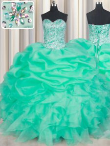 Fantastic Floor Length Turquoise Quinceanera Gown Organza Sleeveless Beading and Ruffles and Pick Ups