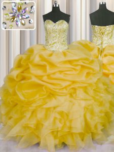 Pick Ups Floor Length Ball Gowns Sleeveless Gold Quinceanera Gowns Lace Up