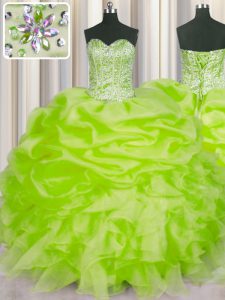 Pick Ups Yellow Green Sleeveless Organza Lace Up Vestidos de Quinceanera for Military Ball and Sweet 16 and Quinceanera