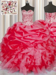 Sweet Pick Ups Floor Length Coral Red Vestidos de Quinceanera Sweetheart Sleeveless Lace Up