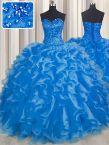 Most Popular Blue Ball Gowns Sweetheart Sleeveless Organza Floor Length Lace Up Beading and Ruffles 15th Birthday Dress