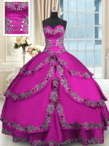 Fuchsia Lace Up Sweetheart Beading and Embroidery Quinceanera Gown Taffeta Sleeveless