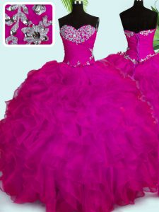 Fuchsia Vestidos de Quinceanera Military Ball and Sweet 16 and Quinceanera and For with Beading and Ruffles Sweetheart Sleeveless Lace Up