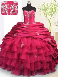 Beading and Appliques and Ruffled Layers and Pick Ups 15 Quinceanera Dress Rose Pink Lace Up Sleeveless With Brush Train