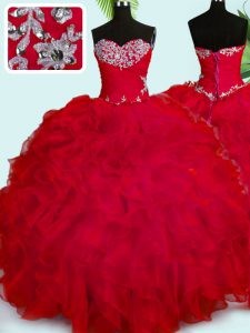 Modest Red Sleeveless Organza Lace Up Vestidos de Quinceanera for Military Ball and Sweet 16 and Quinceanera