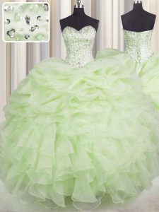 Fabulous Yellow Green Ball Gowns Organza Sweetheart Sleeveless Beading and Ruffles Floor Length Lace Up Sweet 16 Dress