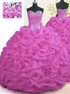 Sweetheart Sleeveless Brush Train Lace Up Quinceanera Gown Fuchsia Organza
