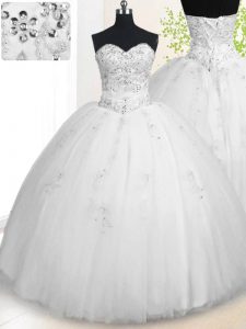 Pretty Sweetheart Sleeveless Quinceanera Dresses Floor Length Beading and Appliques White Tulle