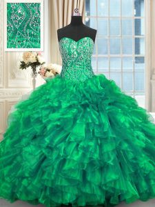 Colorful Turquoise Sleeveless Beading and Ruffles Lace Up Quinceanera Dress