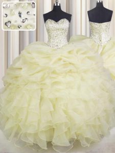 Free and Easy Light Yellow Ball Gowns Organza Sweetheart Sleeveless Beading and Ruffles Floor Length Lace Up Quinceanera Gowns