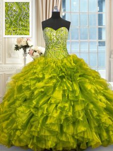 Perfect Olive Green Organza Lace Up Ball Gown Prom Dress Sleeveless Brush Train Beading and Ruffles