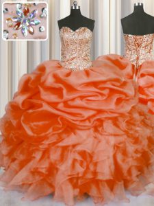 Pick Ups Orange Red Sleeveless Organza Lace Up Sweet 16 Quinceanera Dress for Military Ball and Sweet 16 and Quinceanera