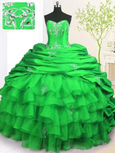 Green Lace Up Strapless Beading and Appliques and Ruffled Layers and Pick Ups Quince Ball Gowns Organza and Taffeta Sleeveless Brush Train