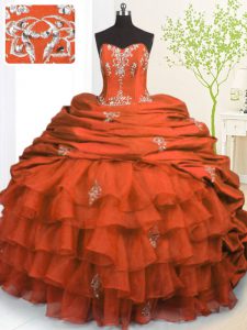 Orange Red Strapless Neckline Beading and Appliques and Ruffled Layers and Pick Ups Quinceanera Dress Sleeveless Lace Up
