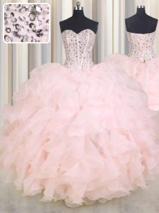 Organza Sweetheart Sleeveless Lace Up Beading and Ruffles Quince Ball Gowns in Baby Pink
