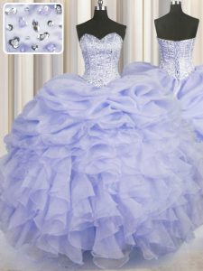 Trendy Lavender Sleeveless Floor Length Beading and Ruffles Lace Up Sweet 16 Dresses