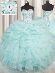 Free and Easy Organza Sweetheart Sleeveless Lace Up Beading and Ruffles Quince Ball Gowns in Aqua Blue