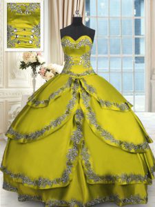 Delicate Beading and Appliques and Ruffled Layers Vestidos de Quinceanera Olive Green Lace Up Sleeveless Floor Length