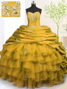 Customized Gold Sleeveless Brush Train Beading and Appliques and Ruffled Layers and Pick Ups With Train Quinceanera Gown