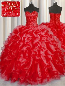 Artistic Halter Top Sleeveless Ball Gown Prom Dress Floor Length Beading and Ruffles Coral Red Organza