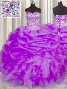 Decent Beading and Ruffles and Pick Ups Ball Gown Prom Dress Purple Lace Up Sleeveless Floor Length